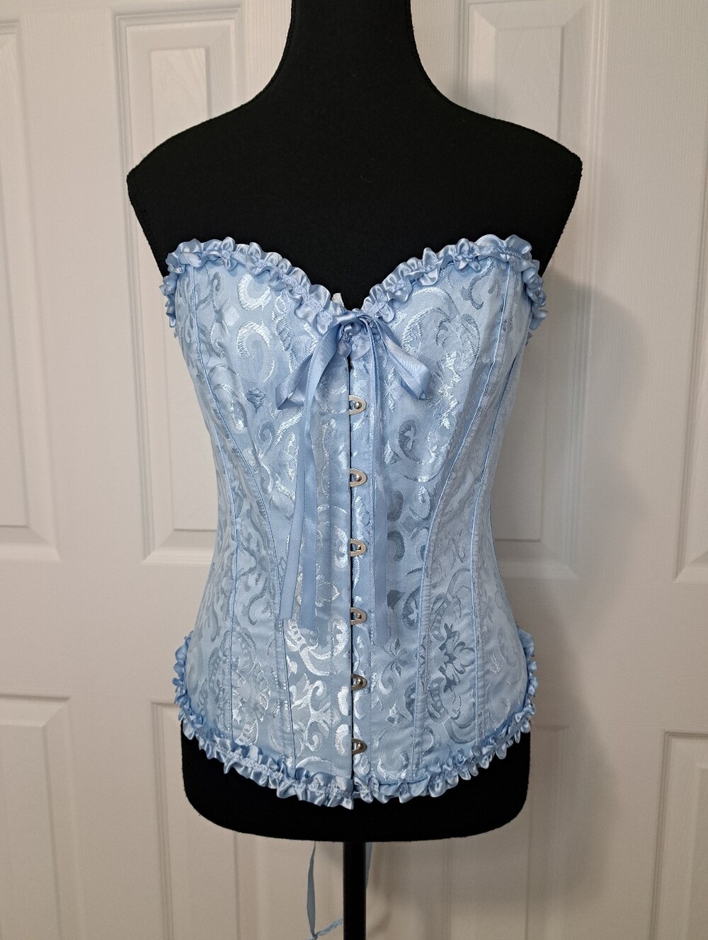 Corset Top Blue Brocade Pattern Women's Size Small Lace Up Back Strapless Ruffle
